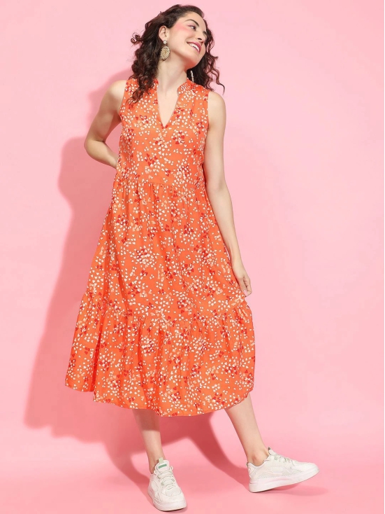 Oxolloxo Women Floral Print Mandarin Collar Fit & Flare Midi Dress