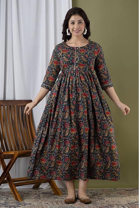 KASHVI Creation Women's Cotton Floral Printed Anarkali Maternity Feeding Kurti-Navy Blue