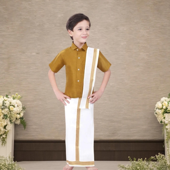 Mustard Yellow Cotton Silk Half Sleeves Shirt and Mundu Lungi set with Uparna/Towel-2 (2-3 years)