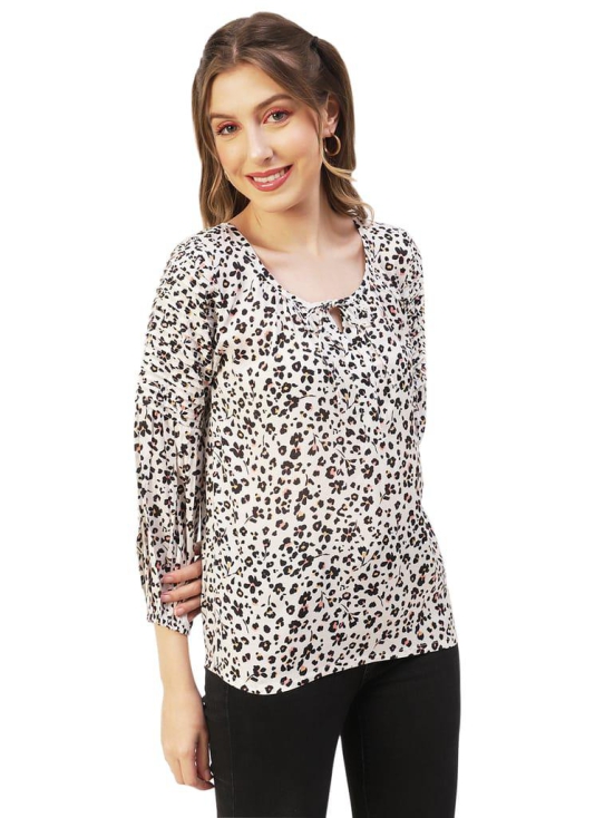 Moomaya Printed Balloon Sleeves Womens Top, Tie-Up Casual Summer Tunic Top