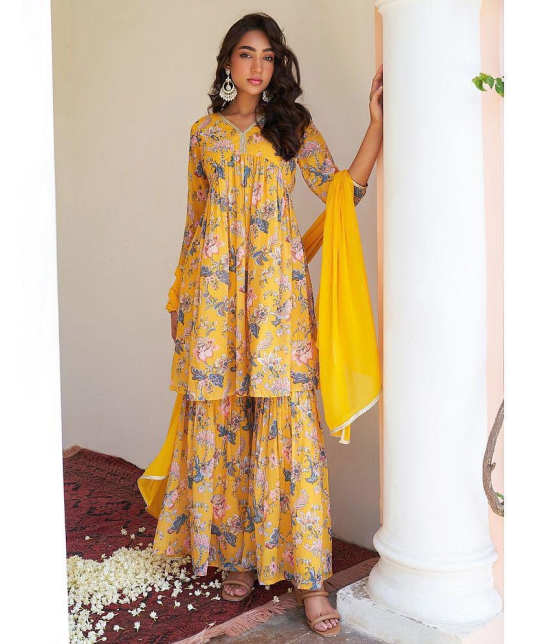 Janasya - Yellow Tiered Flared Georgette Womens Stitched Salwar Suit ( Pack of 1 ) - None