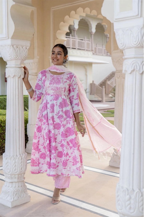 Pink Women Rayon Kurta Pant Dupatta Set-XL