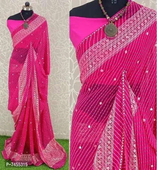 Georgette Striped Printed Sarees with Blouse-Pink