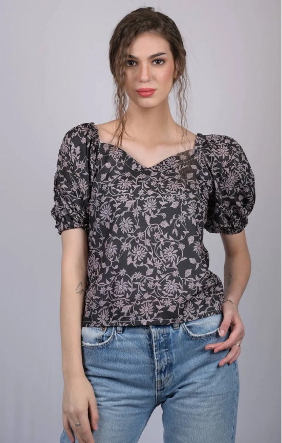 Black Floral Printed V-Neck Puff Sleeve Top (OTL-TPS1011)-Black / M