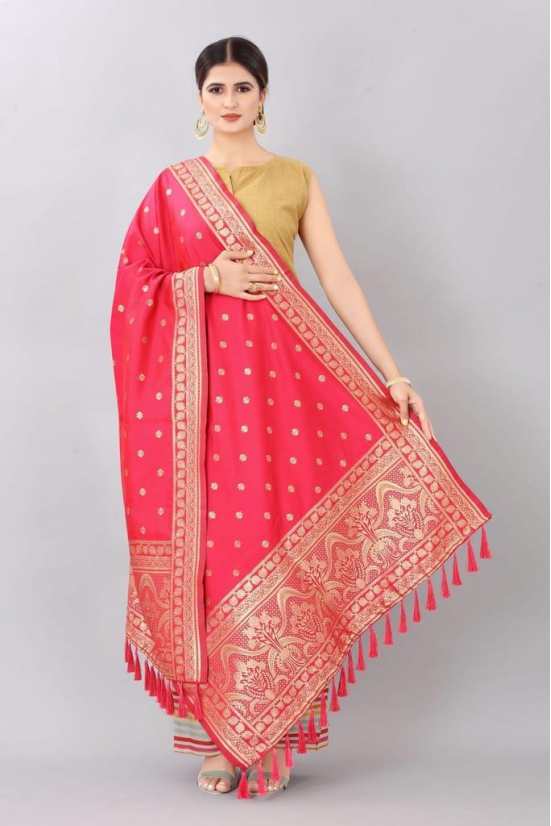 Pink & Gold-Coloured Woven Design Jacquard Banarasi Dupatta