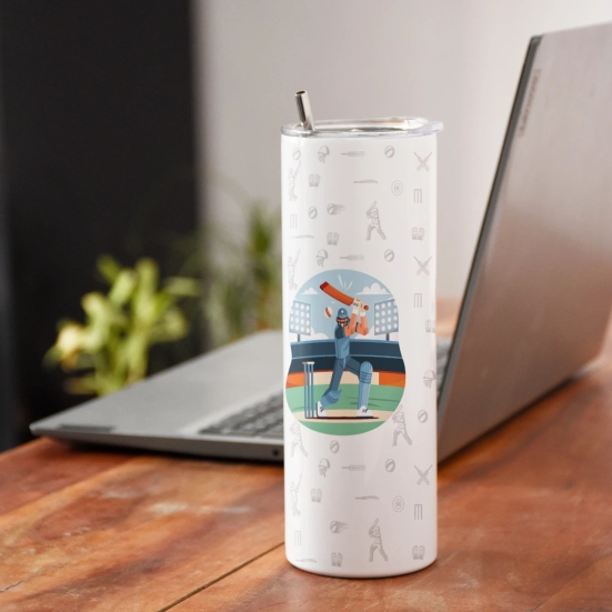 Indigifts Tumbler With Lid And Steel Straw 590 ML|Insulated Steel Bottle For School, Office, Home, Gym|Stop Talking Start Batting Print|Cold & Hot Beverages|Dent & Scartch Proof|Safe for Kids|WHITE|