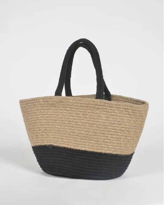 Black Beige Jute Tote Bag