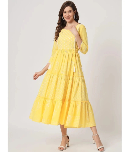 AMIRAS INDIAN ETHNICWEAR Cotton Printed Ankle Length Womens Fit & Flare Dress - Yellow ( Pack of 1 ) - None