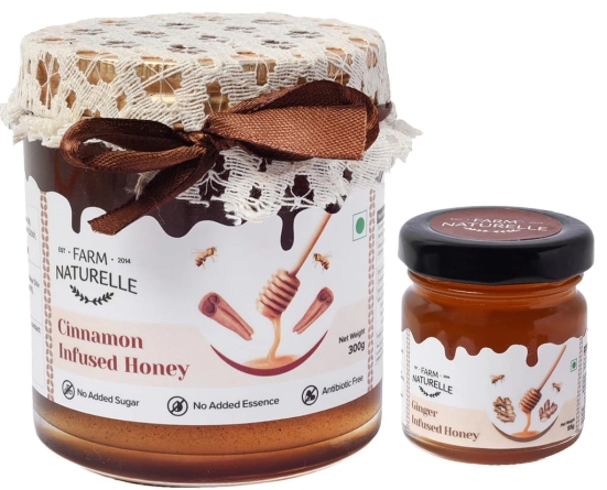 Farm Naturelle-Cinnamon Infused Honey |300g and Clove Honey 55g | No Added Sugars, Improves Immunity| 100% Pure Raw Natural Wild Forest Honey|