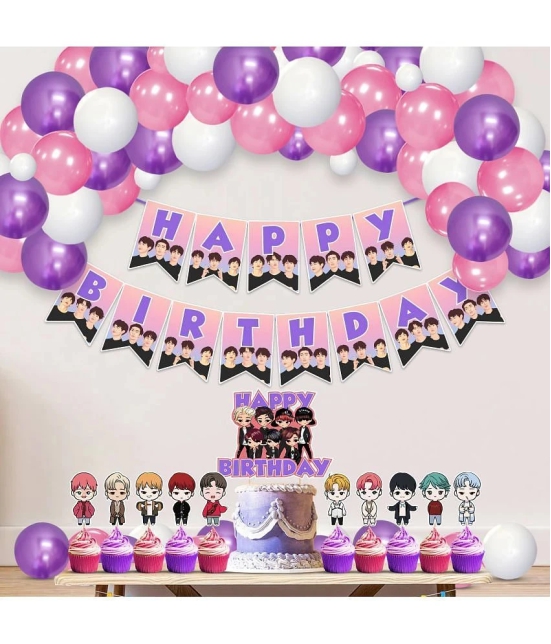 Zyozi BTS Birthday Party Supplies, BTS Theme Birthday Party Decorations ,Include BTS Happy Birthday Banner, Balloons,Cake and Cup Cake Toppers, BTS Fans Birthday Party (Pack of 52) - Pink