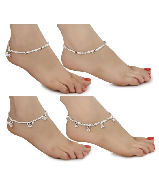 AanyaCentric White Metal Premium Alloy Artificial Payals Antique Stylish Latest Design Traditional Anklets in Silver Plating for Woman and Girl (Set of 4 Pairs) - Silver