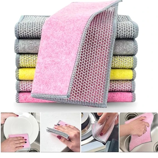 Non Scratch Dish Wash Cloth - Multipurpose Dual Side Wire & Microfiber Dishwashing Rags for Wet and Dry, Easy Rinsing, Reusable Cleaning Cloth for Kitchen, Sinks, Pot & Pans, Multicolor (Pack of 6)