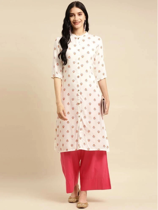 Rangita Women Rayon White Buta Printed Calf Length A-line Kurti - None