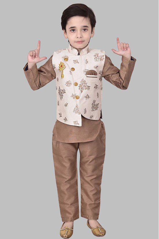 Arshia Fashions - Brown Silk Blend Boys Indo Western Kurta & Pajama with Jacket Set ( Pack of 1 ) - None