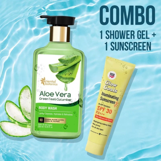 Oriental Botanics Aloe vera, Green Tea & Cucumber Body Wash / Shower Gel, 250ml + POPxo Glow Goals Sunscreen