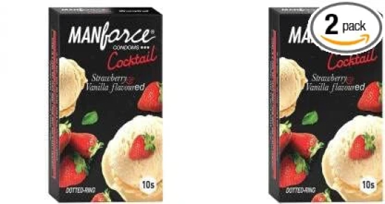 MANFORCE Cocktail Condoms with Dotted-Rings Strawberry & Vanilla Flavoured- 10 Pieces x Pack of 2 Condom (Set of 2 20 Sheets)