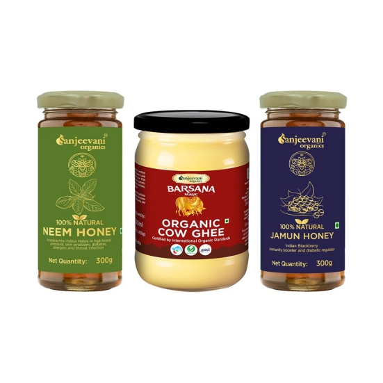 Sanjeevani Glass Jar Pack of 3 | 100% Natural Neem Honey | Raw Unprocessed Natural Neem Honey 300g | Barsana Organic Cow Ghee 500ml |  Wood Churned with Bilona Process | 100 % Natural Jamun Honey 300g | Indian Blackberry Multi Floral Natural Honey