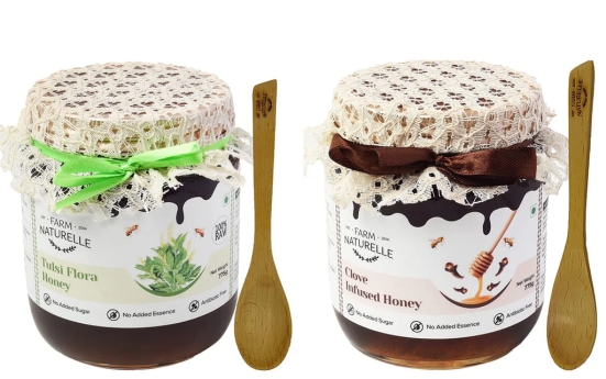 Farm Naturelle-Raw Natural Ayurvedic Unprocessed Tulsi Forest Flower Honey with Huge Medicinal Value and Clove Infused Forest (Jungle) Honey-(700gm+75gm Extra+Wooden Spoons.) x 2 Sets.