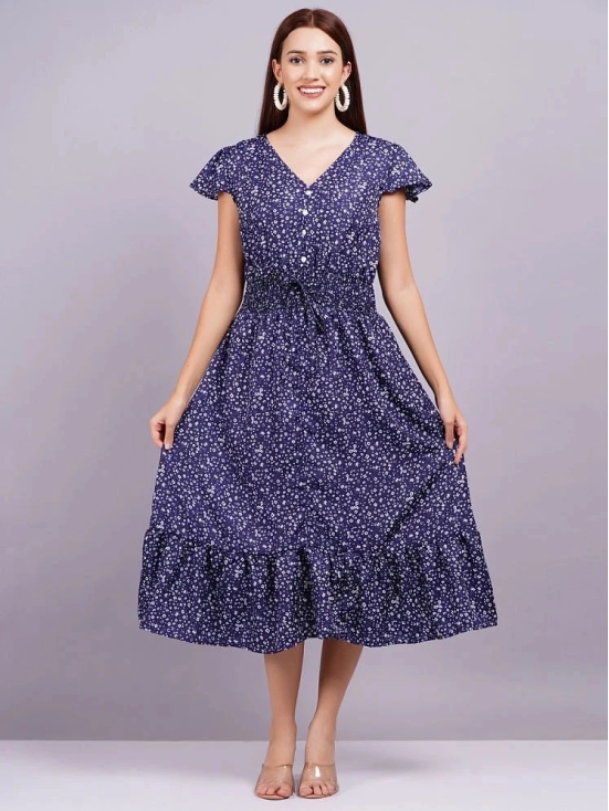 HIGHLIGHT FASHION EXPORT Crepe Printed Midi Womens Fit & Flare Dress - Blue ( Pack of 1 ) - None