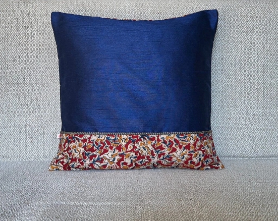 Kalamkari Maroon Print Mix N Match Royal Blue Dupion Silk Cushion Cover Size 16x16