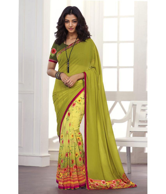 Rangita Half & Half Printed Georgette Saree With Lace Border & Blouse Piece - Lime Green - Lime Green