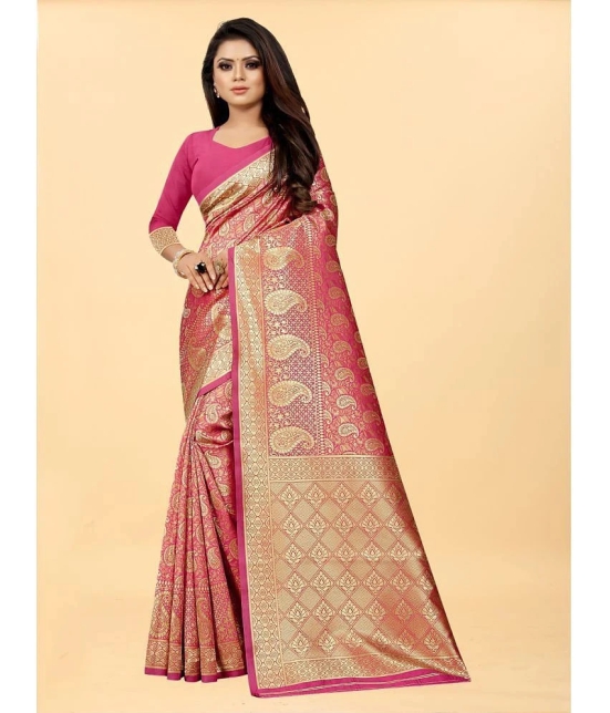 Gazal Fashions - Pink Banarasi Silk Saree With Blouse Piece ( Pack of 1 ) - Pink