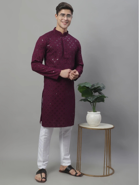 Mens Purple Chikankari Embroidered and Sequence Kurta with Pyjama.-XL / Purple