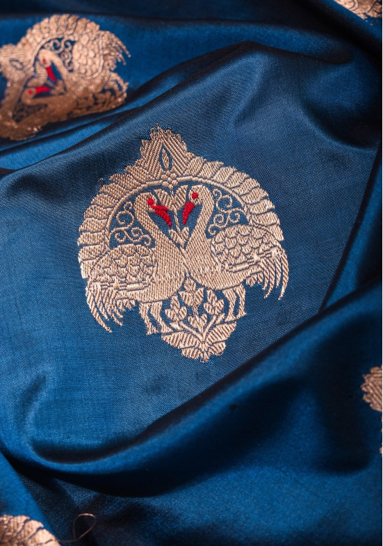 Swan Butta Shikaargah Banarasi Meenakari Saree in Blue and Red | Silk Mark Certified