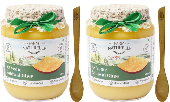 Farm Naturelle-A2 Desi Cow Ghee from Grass Fed Sahiwal Cows,Vedic Bilona method-Curd Churned-Golden, Grainy & Aromatic, Keto Friendly, NON-GMO, Lab tested, Glass Jar- (750ml+75ml Extra+Wooden Spoons.) x 2 Sets.