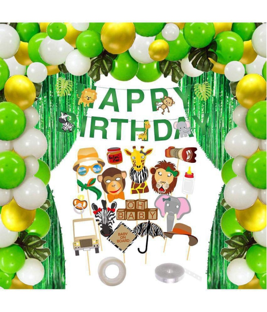 Party Propz 121Pcs Jungle Safari Theme Party Decorations Set Happy Birthday Banner, Jungle Theme Photobooth, Multicolour Latex Balloons, Green Foil Curtain, Glue Dot and Arc for Kids Birthda