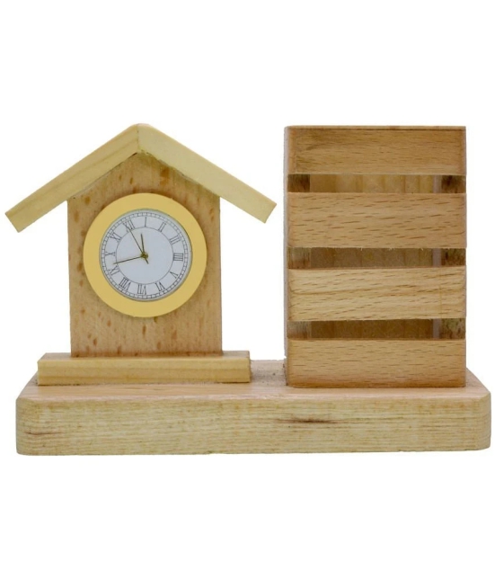 Wooden Pen Holder Stand Office Home Dryer Table Desk Clock