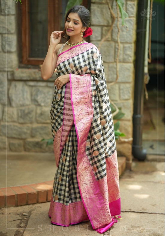 Ikkat Handwoven Silk Cotton Saree in Lilac-Gray and Brown store | Sarees By Shobitam