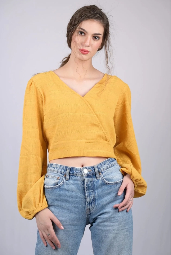 Women's Yellow  Regular Sleeves Surplice Neckline Top (OTL-TPS1017)-Yellow / M