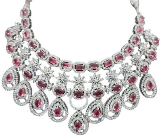 American Diamond and Ruby Necklace Set in Silver