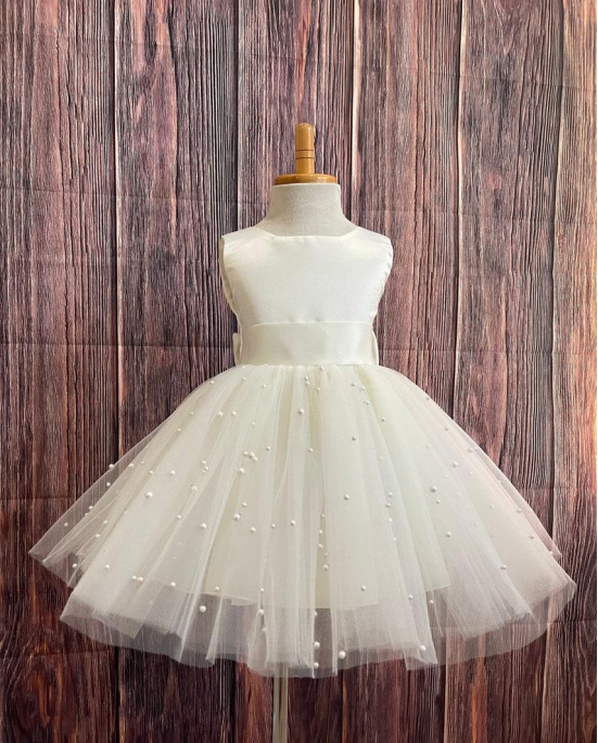 Girls White Pearls V-Back Knee Length Party Dress-1-2 Year