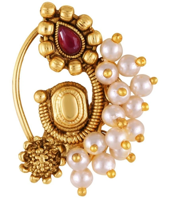 Vivastri Premium Gold Plated Nath Collection  With Beautiful & Luxurious Red Diamond Pearl Studded Maharashtraian  Nath For Women & Girls-VIVA1166NTH-Press - Red