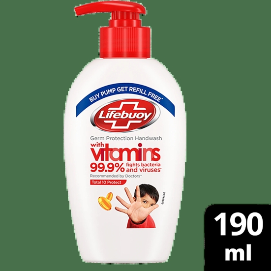 Lifebuoy Total 10+ Handwash - 99.9% Germ Protection, Active Silver 10+ Formula, 190 Ml (With Free Refill Pouch 185 Ml)