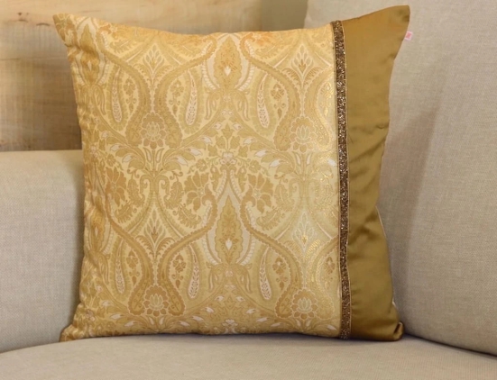 Luxurious Cream & Golden Brocade Decorative Self Design Cushion Cover - 16x16 Size