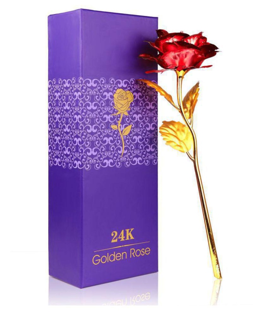 Red Rose Flower with Golden Leaf Valentines Day Gift Box