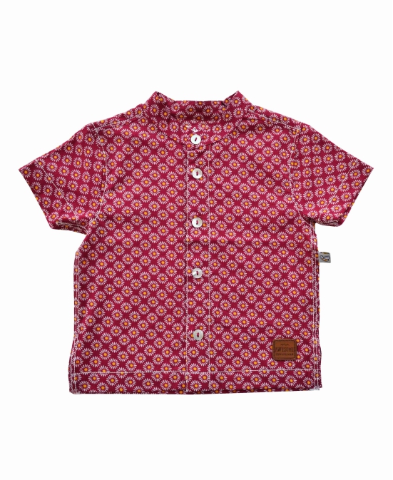 Allover Circles Print Red Short Sleeves Kurta Shirt (100% Cotton)