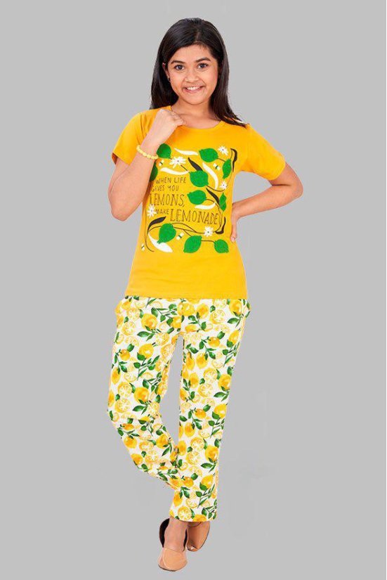 Girls Printed Cotton Round Neck Short Sleeves Pyjama Set-11-12 years