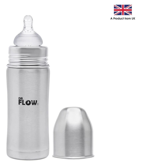 Dr.Flow Vogue Stainless Steel Baby Feeding Bottle 12oz/360 |100% Plastic free &  Non-Toxic Stainless Steel | 304 (18/8) Grade Stainless Steel | Anti Colic Silicone Teat | DF9002, Grey Color