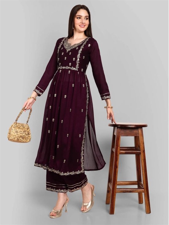 Women Embroidered Vichitra Silk kurta Pant set in Wine Color-XL