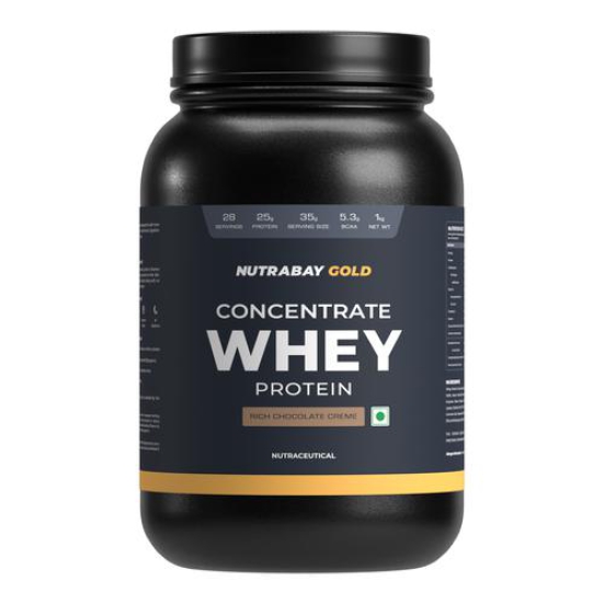 Nutrabay Gold 100% Whey Protein Concentrate with Digestive Enzymes - 25g Protein, 5.3g BCAA, 3.9g Glutamic Acid - 1Kg, Rich Chocolate Crème