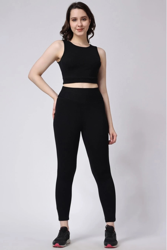 Womens Black Gym Co-Ord Set Leggings & Sleeveless Crop Top-L / Black