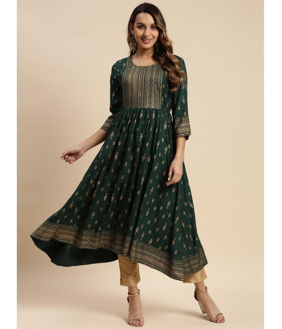 Rangita Women Rayon Green Gold Printed Calf Length Kurti Anarkali - None