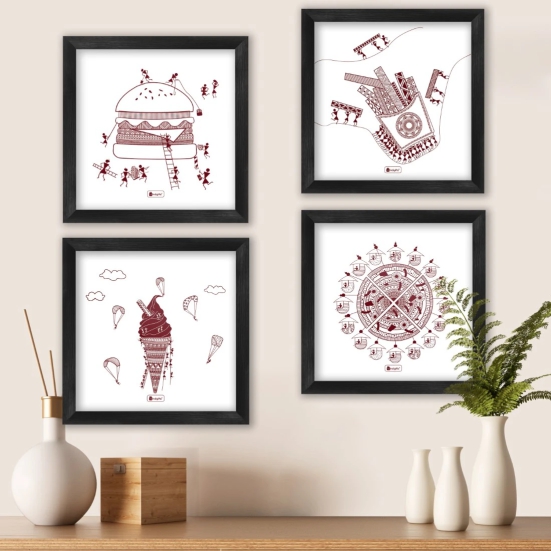 Indigifts Diwali Home Decoration Items Food Lovers Themed Digitally Printed Poster Frames 10x10 Set of 4 - Home Wall Decorations Items, Warli Art Posters Frame for Living Room