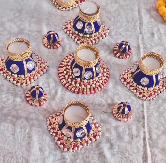 DYNAMIC STORE Dynore Set of 5 Rangoli with Diya Set - Artificial Diamond and Pearls Rangoli with Tealight Festive Decor