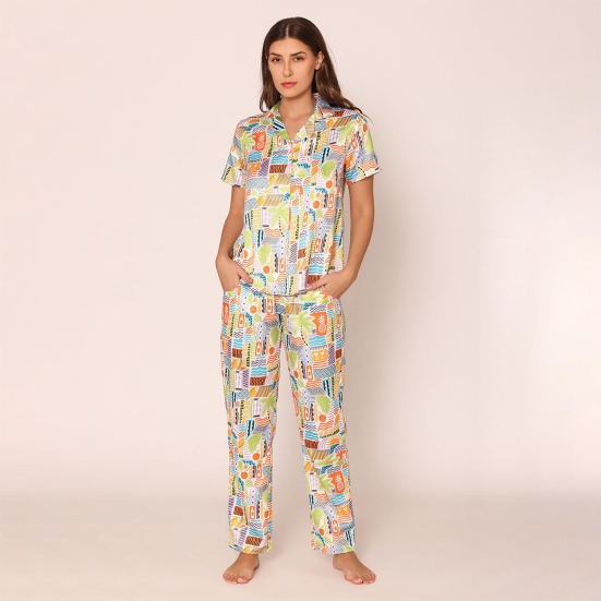 Vibrant Visions Satin Shirt & Pajama Night Suit Set for Women L