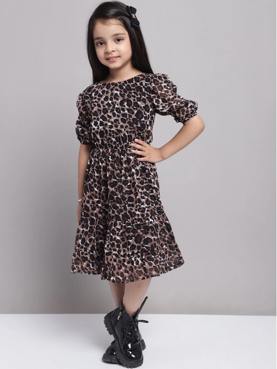 MINI & MING Girls Abstract Print Puff Sleeve Georgette Fit & Flare Midi Dress